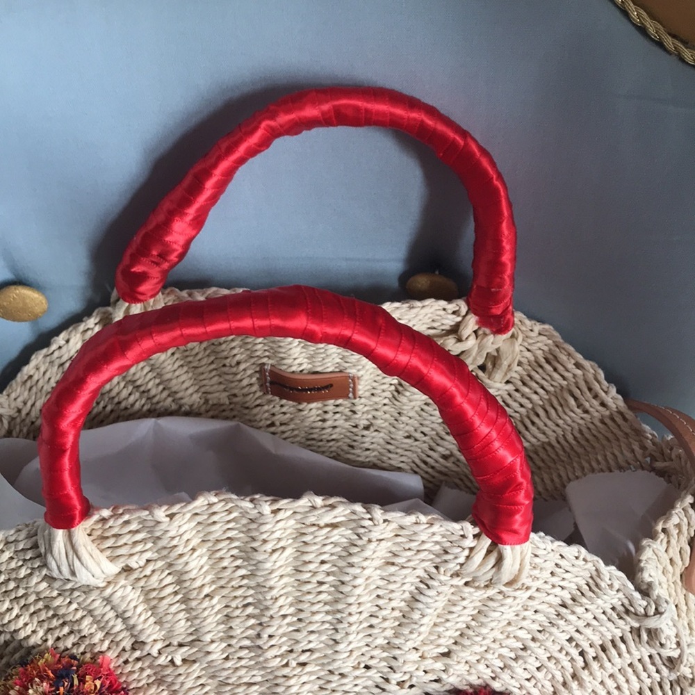 NWOT J. Crew colorful round straw pom pom crossbody circle tote hobo boho bag - Picture 8 of 16